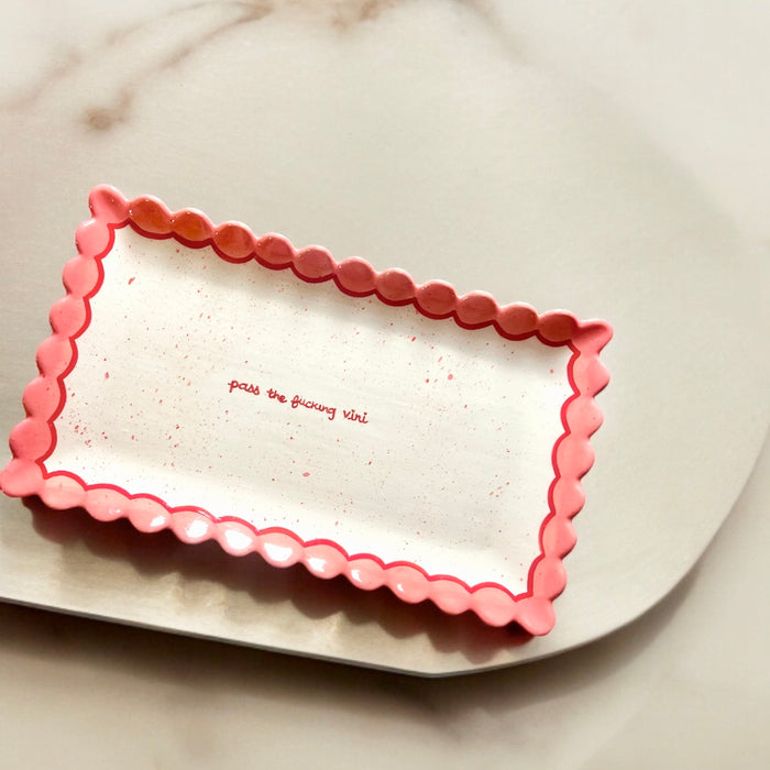 Hand-painted “pass the fucking vini” Scalloped Tray